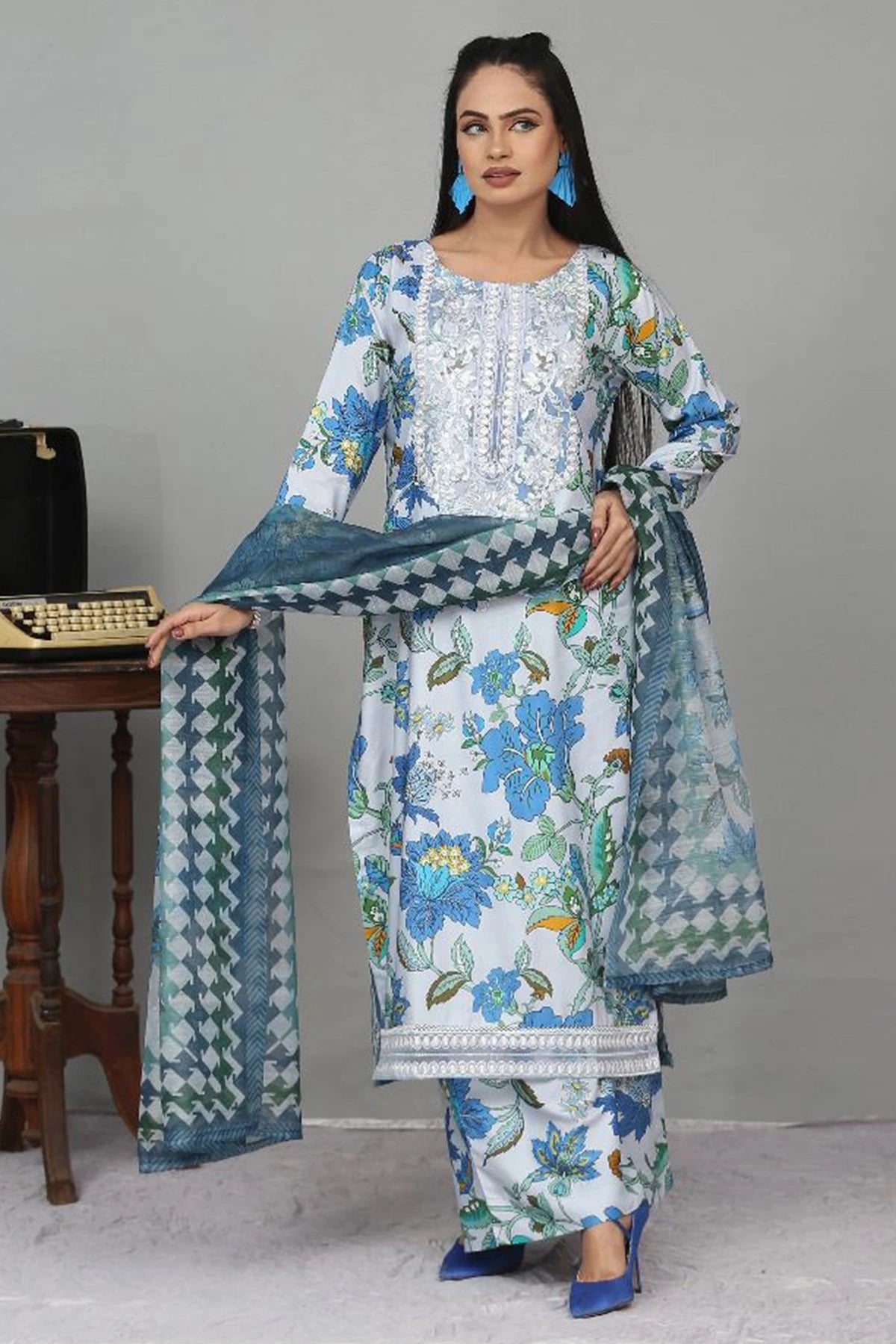 Linen White And Sky Blue Floral Print