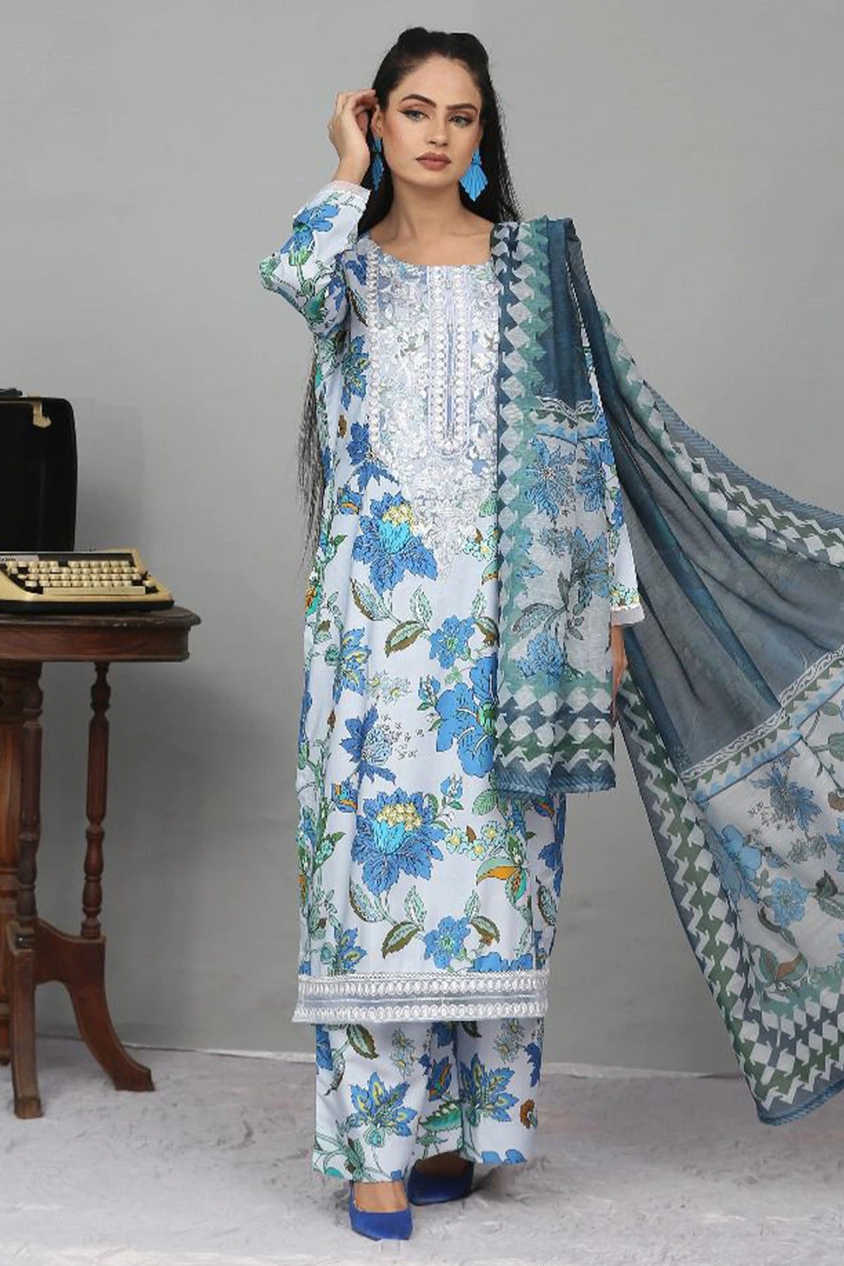 Linen White And Sky Blue Floral Print