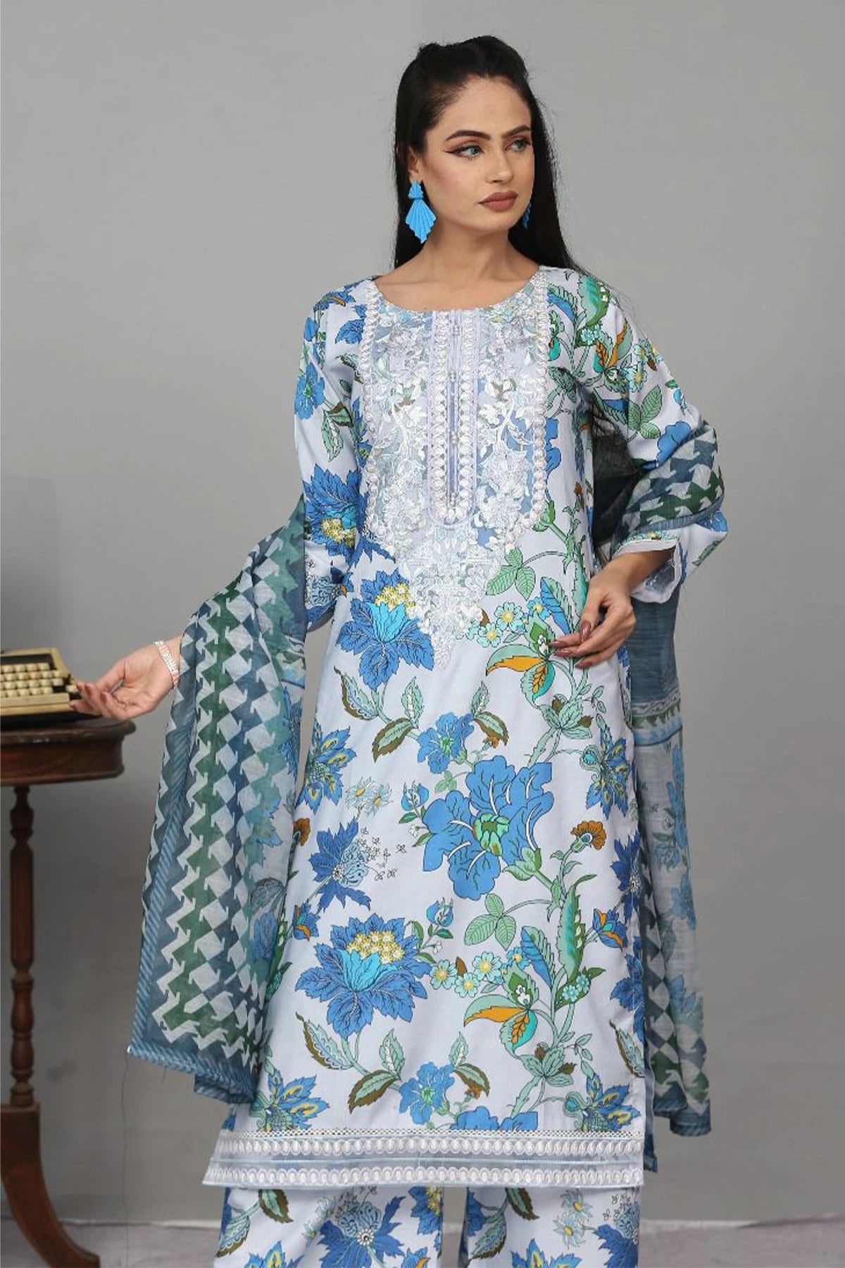 Linen White And Sky Blue Floral Print