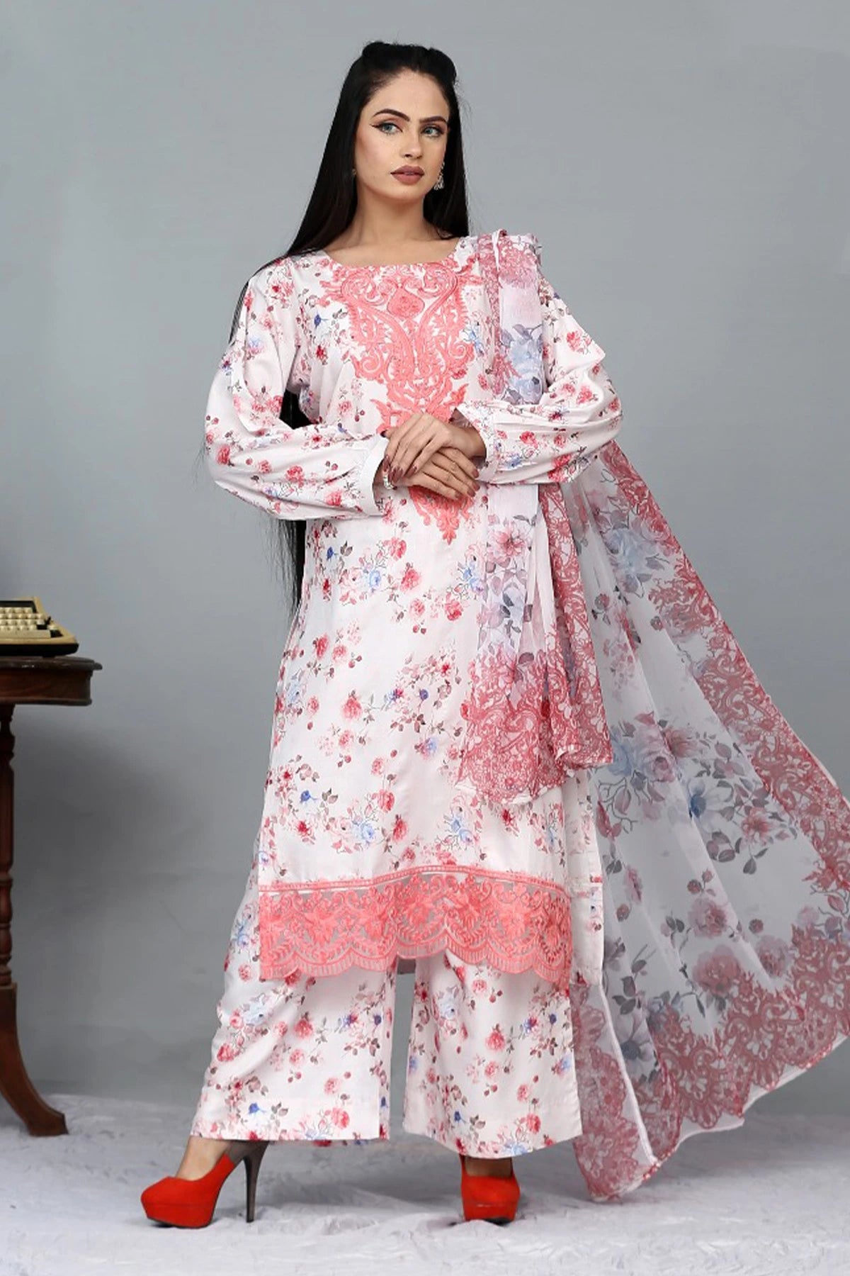 Linen Cream Peach Floral Printed Palazzo Suit