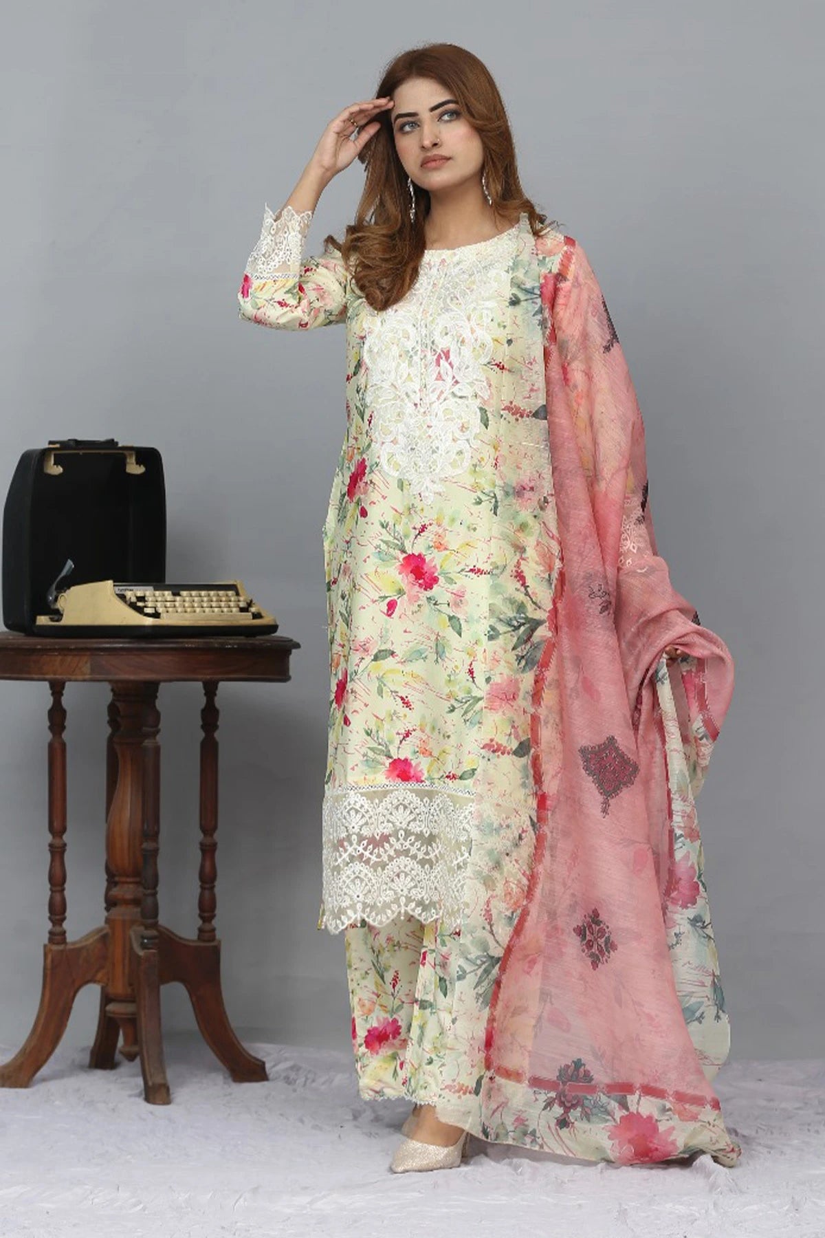 Floral Radiance Yellow & Pink Linen Printed Palazzo Suit