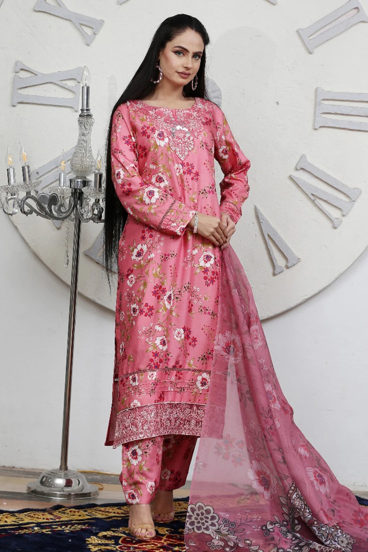 Rosy Bloom Pink Floral Printed Linen Salwar Kameez