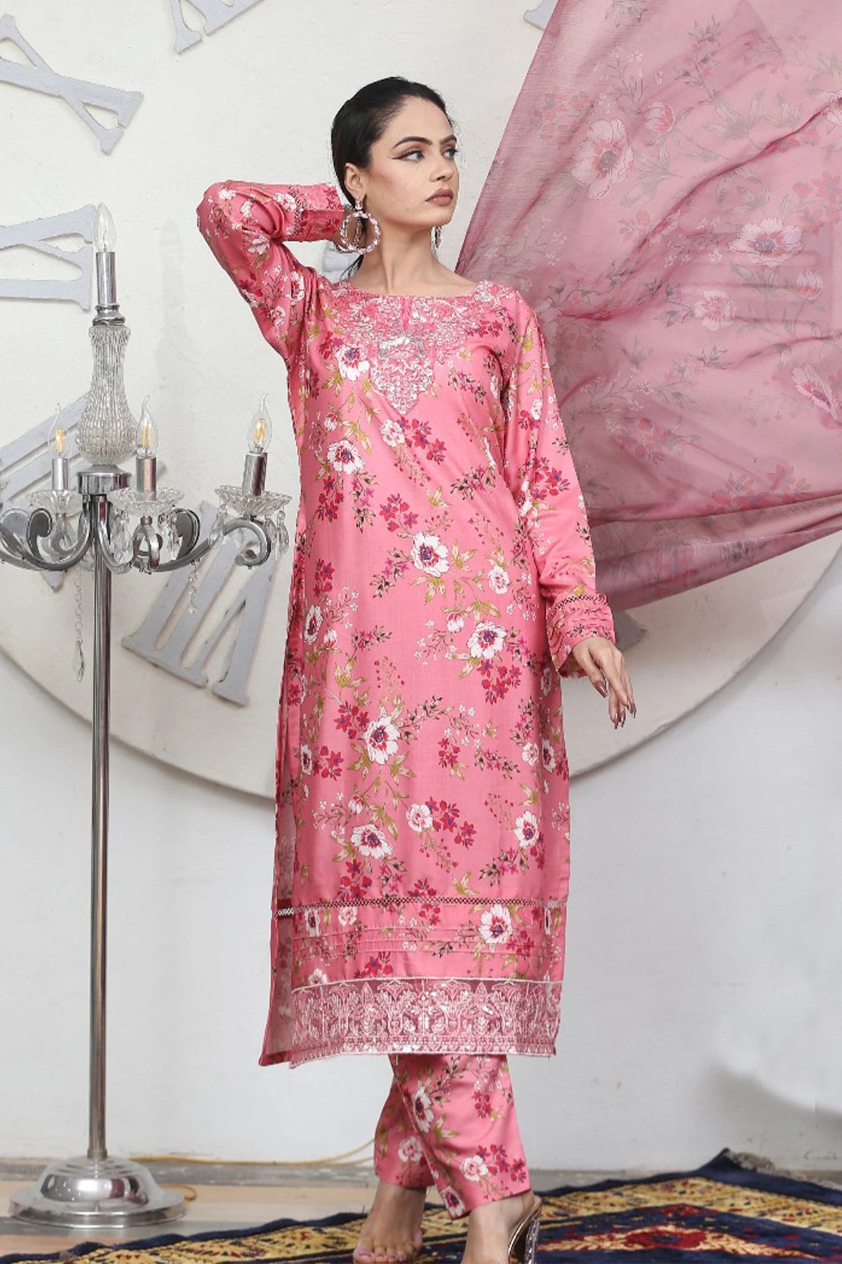Rosy Bloom Pink Floral Printed Linen Salwar Kameez