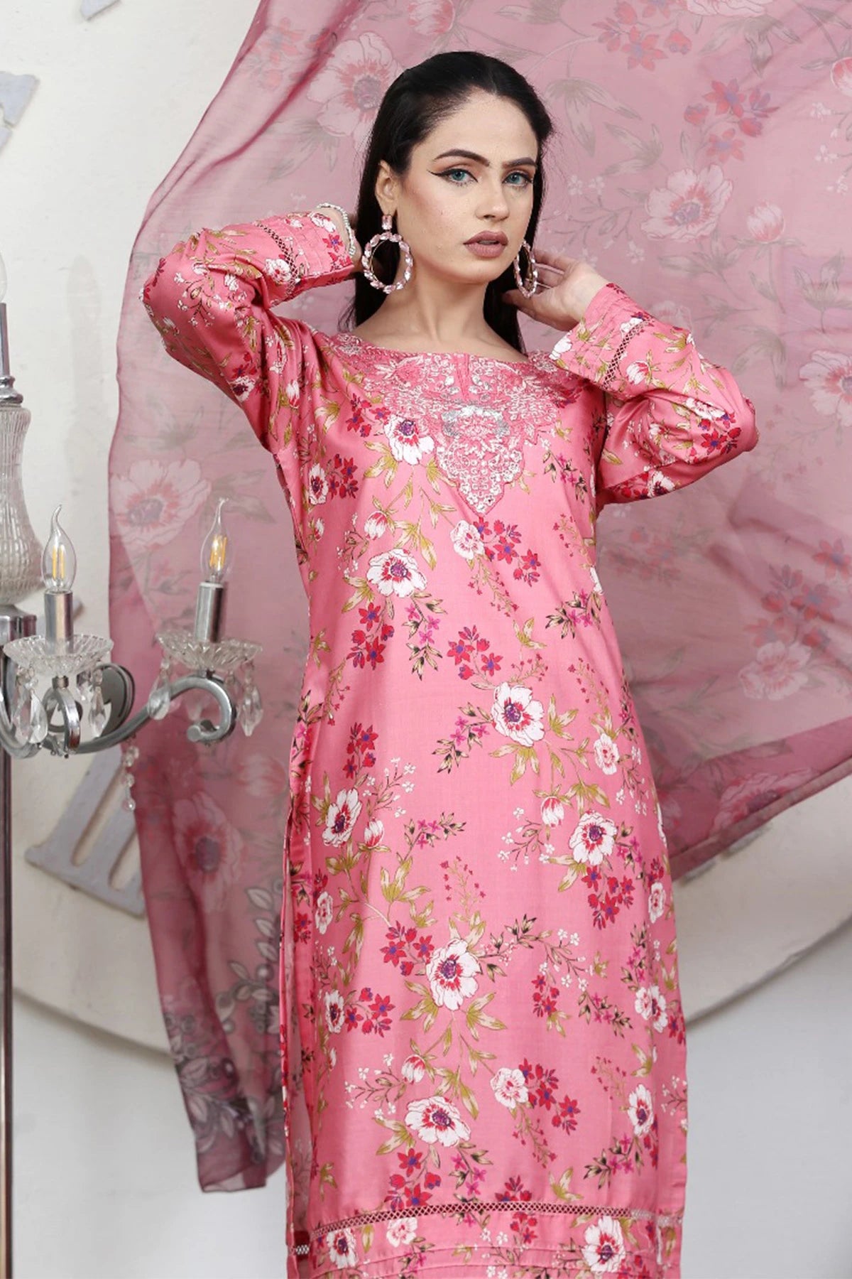 Rosy Bloom Pink Floral Printed Linen Salwar Kameez