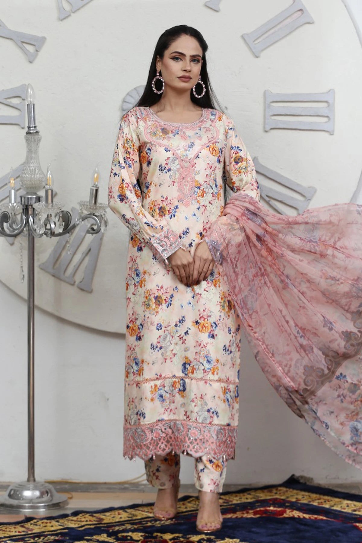 Floral Serenity Peach & Blue Linen Salwar Kameez
