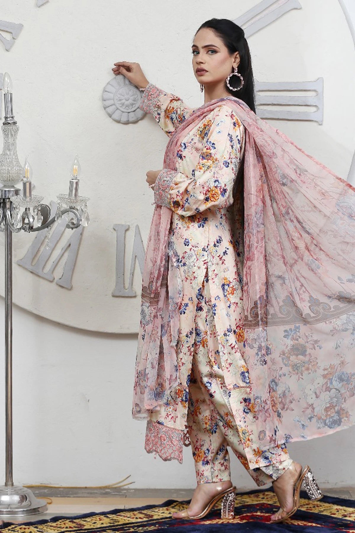 Floral Serenity Peach & Blue Linen Salwar Kameez