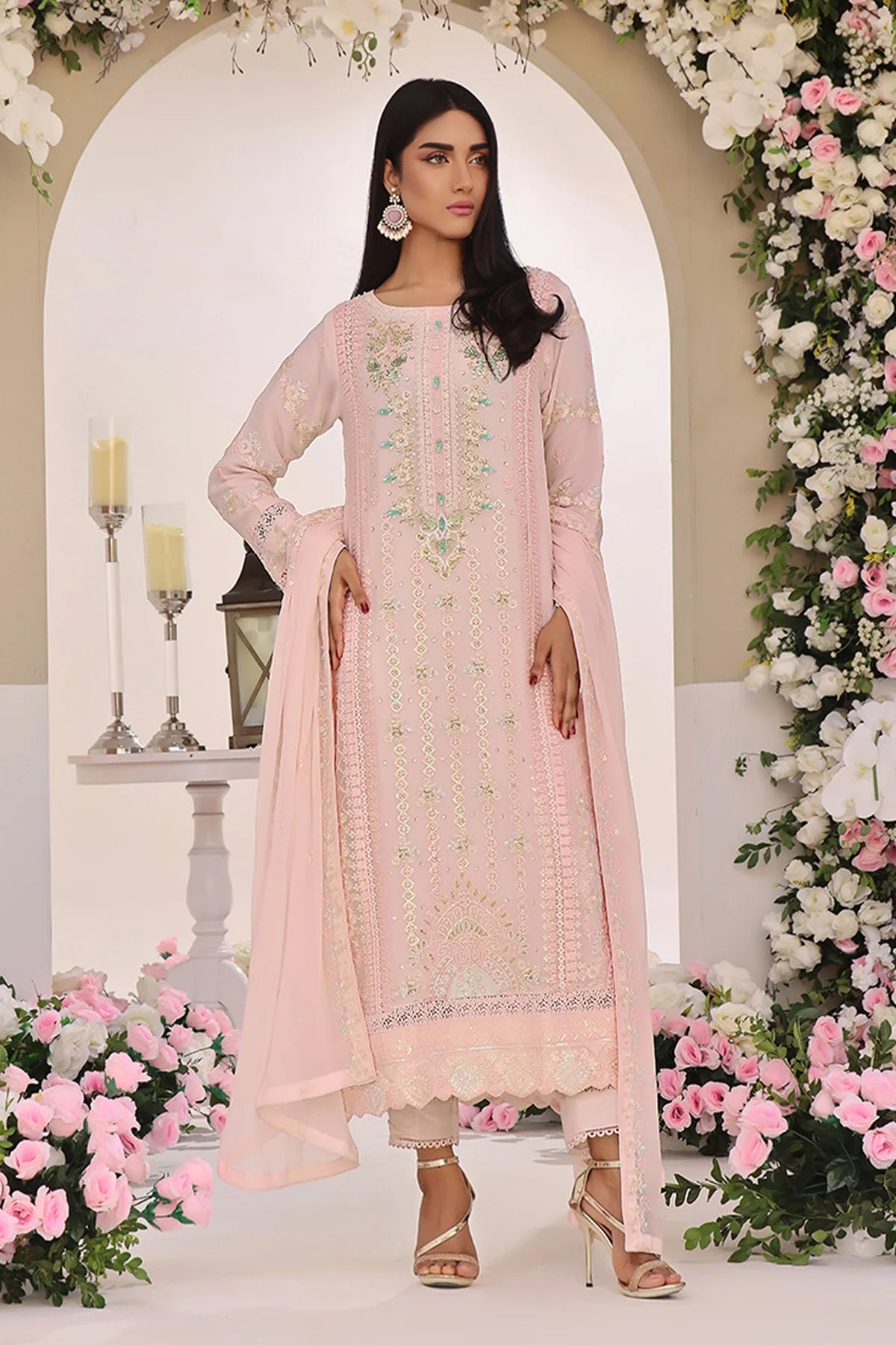 Asiyah-E-Bahar Baby Pink Embroidered Laced Suit