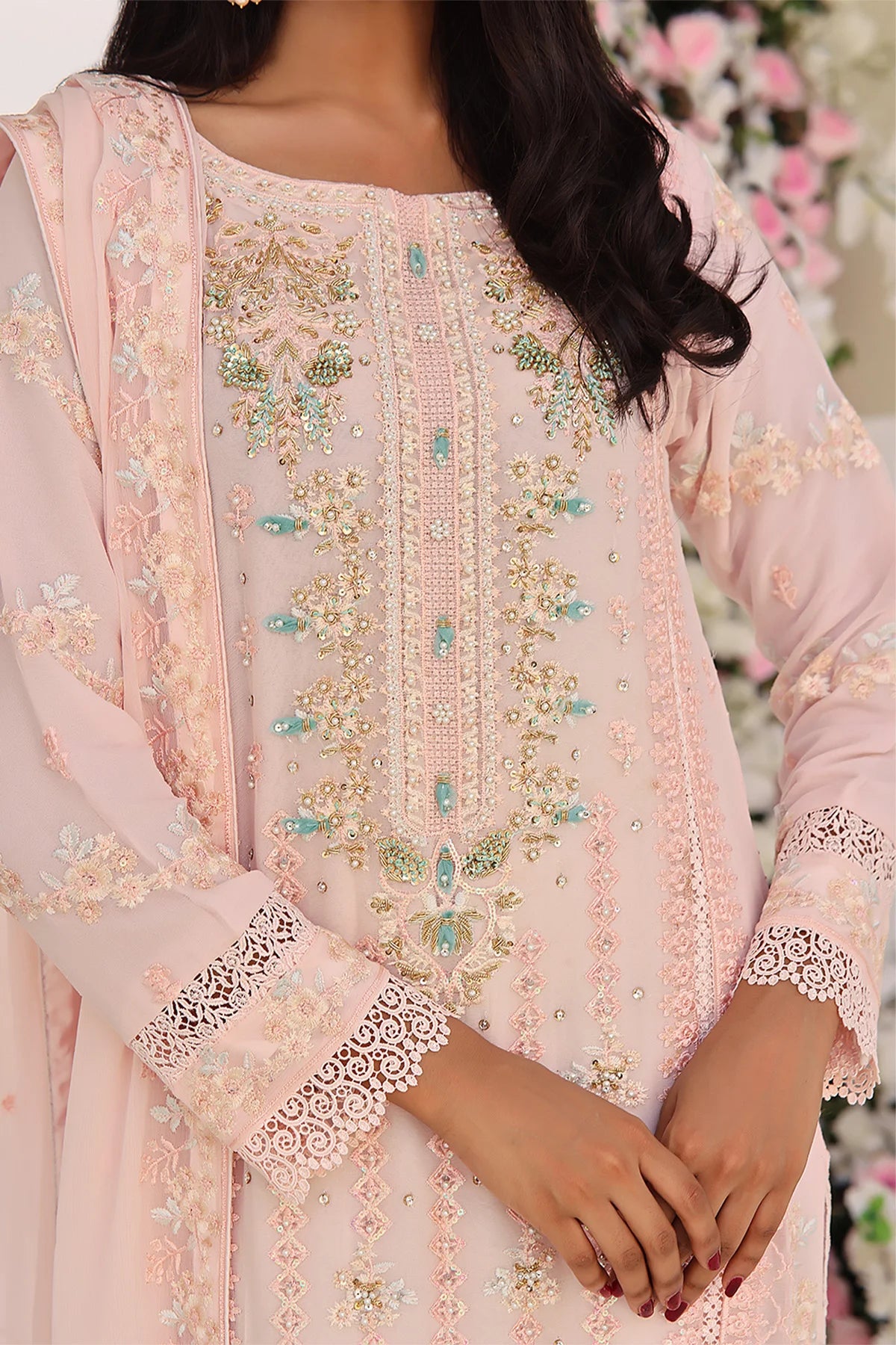 Asiyah-E-Bahar Baby Pink Embroidered Laced Suit