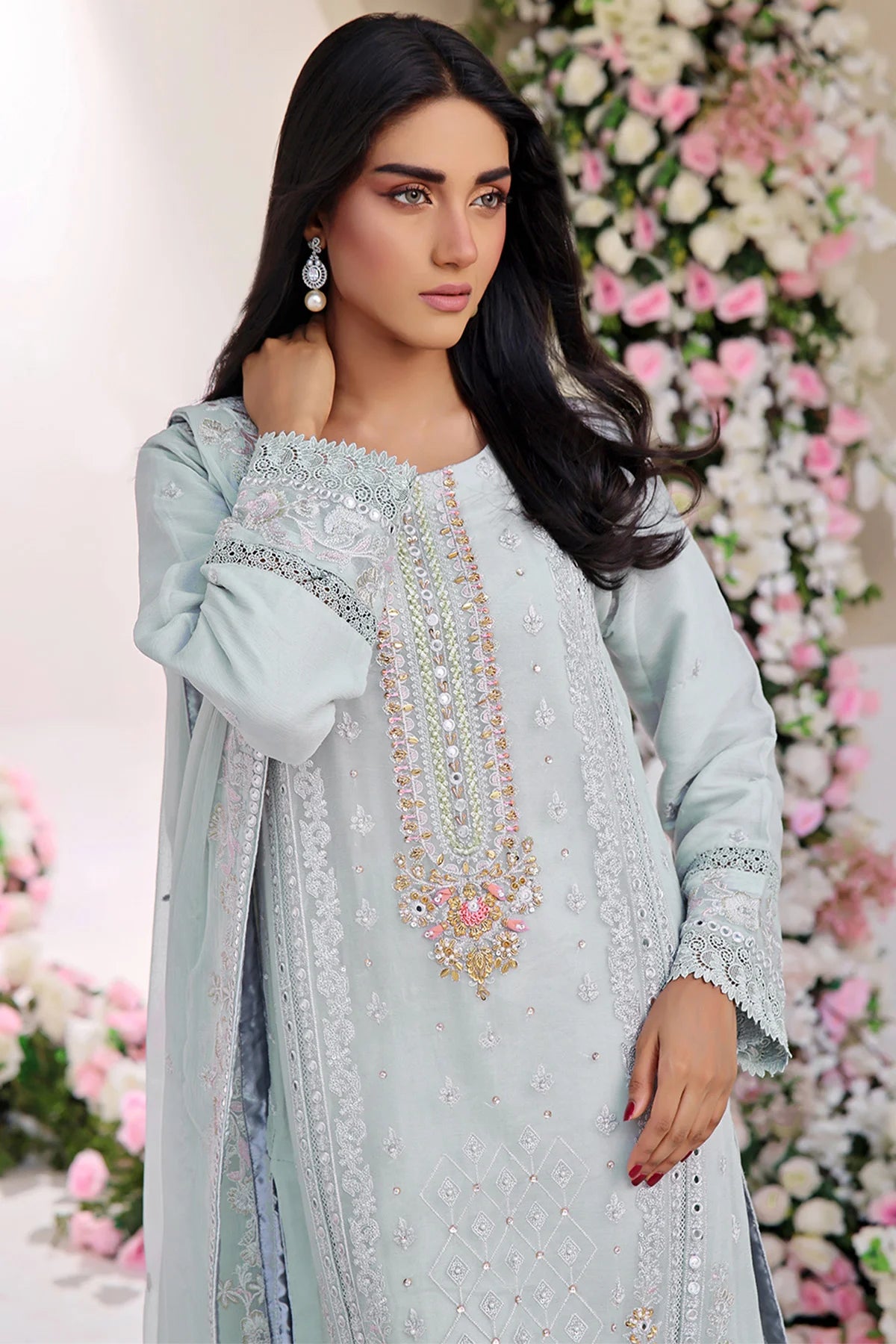 Asiyah-E-Bahar Grey Embroidery Laced Suit
