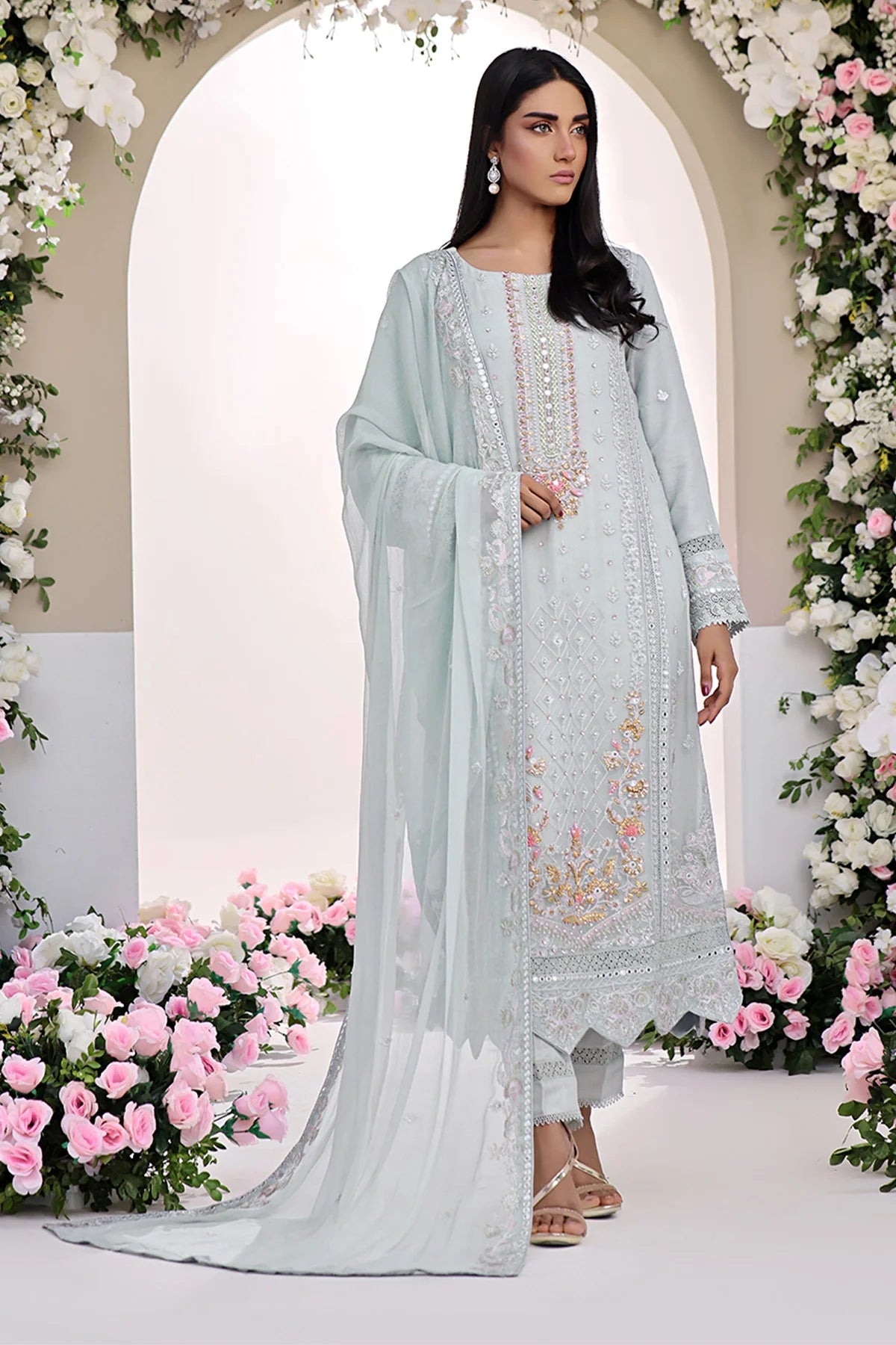 Asiyah-E-Bahar Grey Embroidery Laced Suit