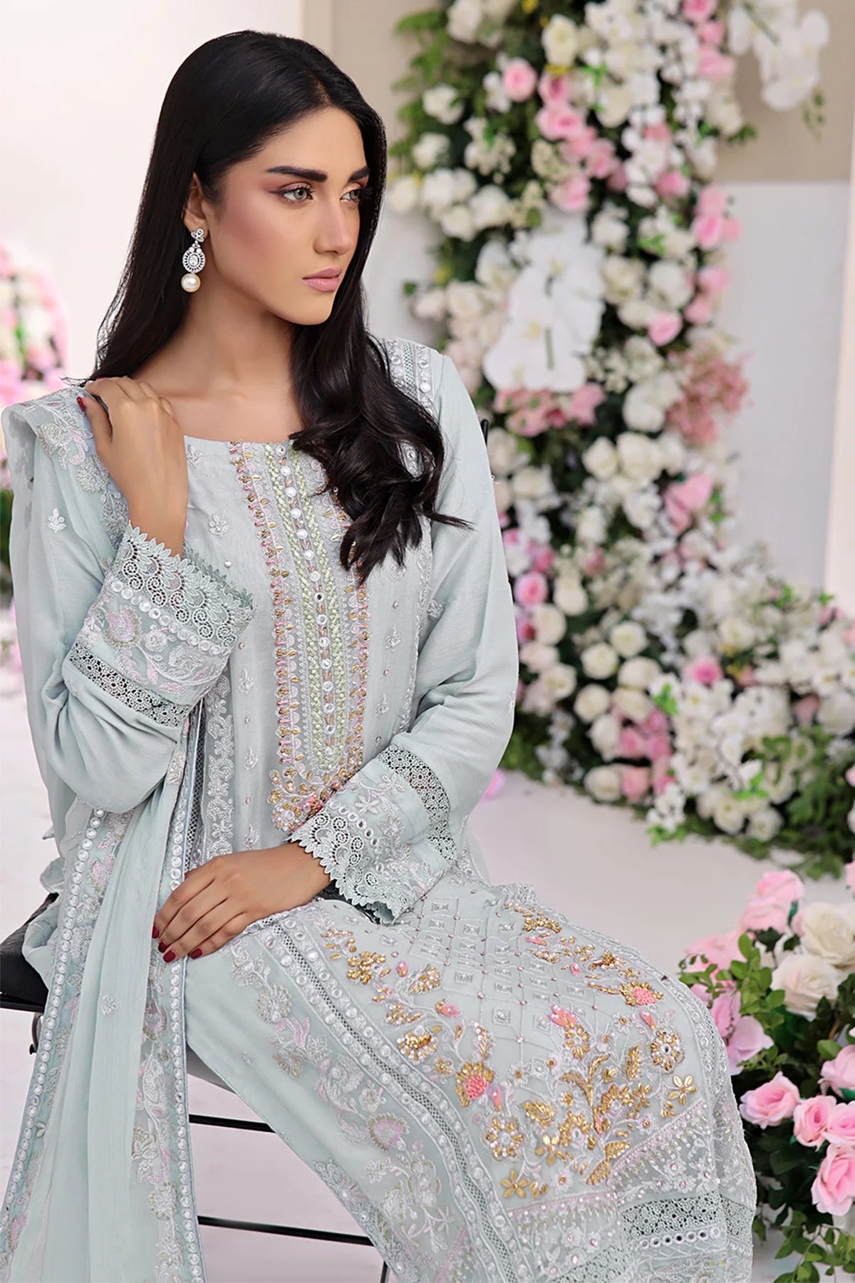 Asiyah-E-Bahar Grey Embroidery Laced Suit
