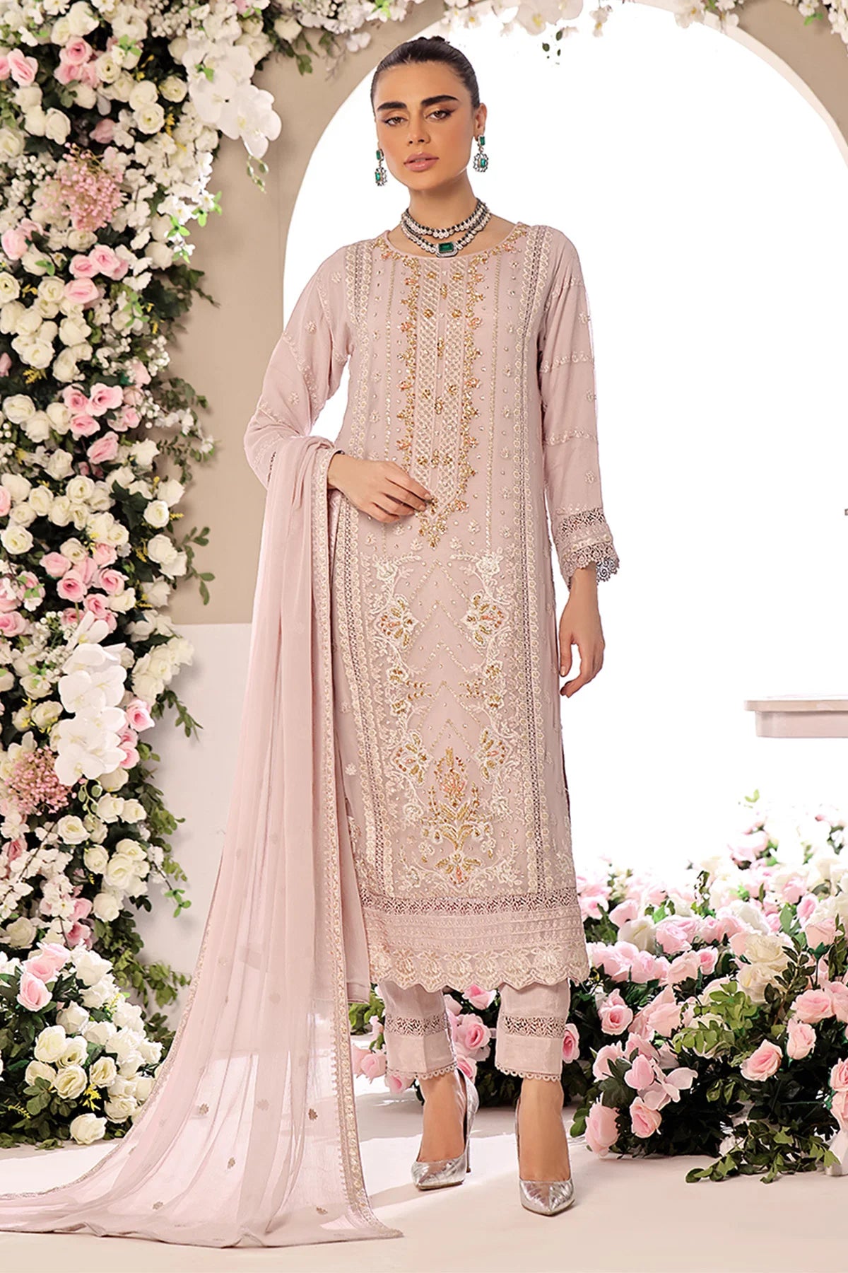 Asiyah-E-Bahar Dusky Pink Embroidery Laced Suit