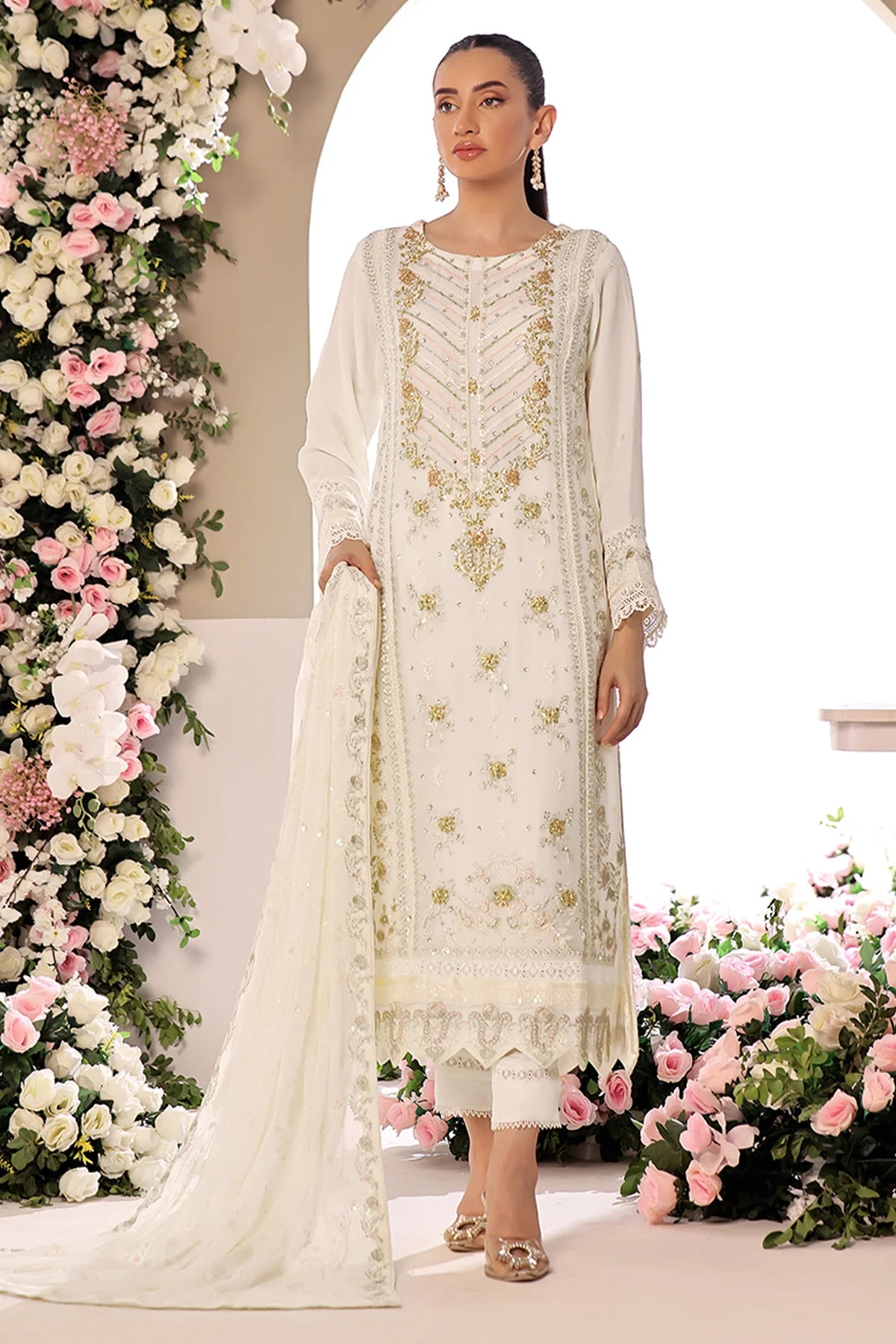 Asiyah-E-Bahar Off White Embroidery Laced Suit