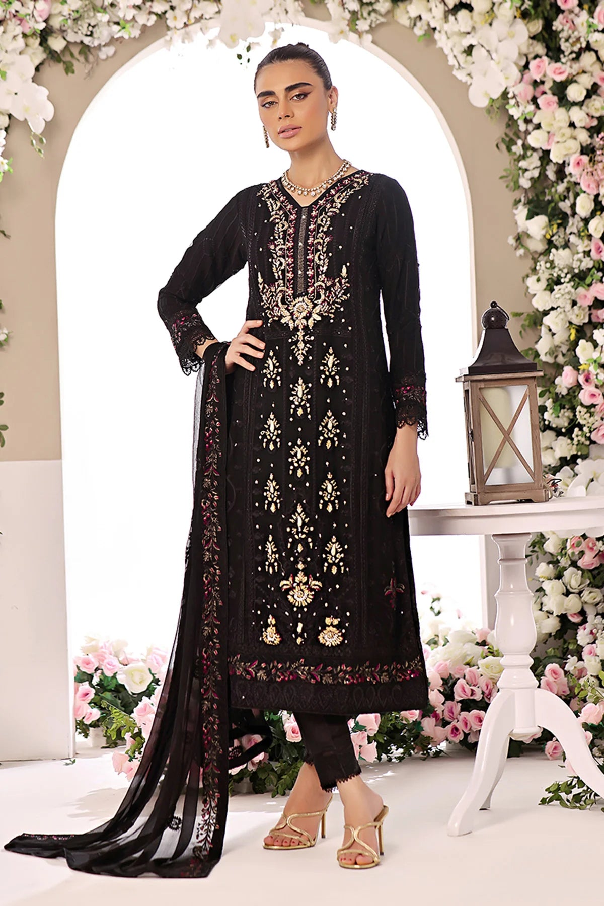 Asiyah-E-Bahar Black Embroidery Laced Suit