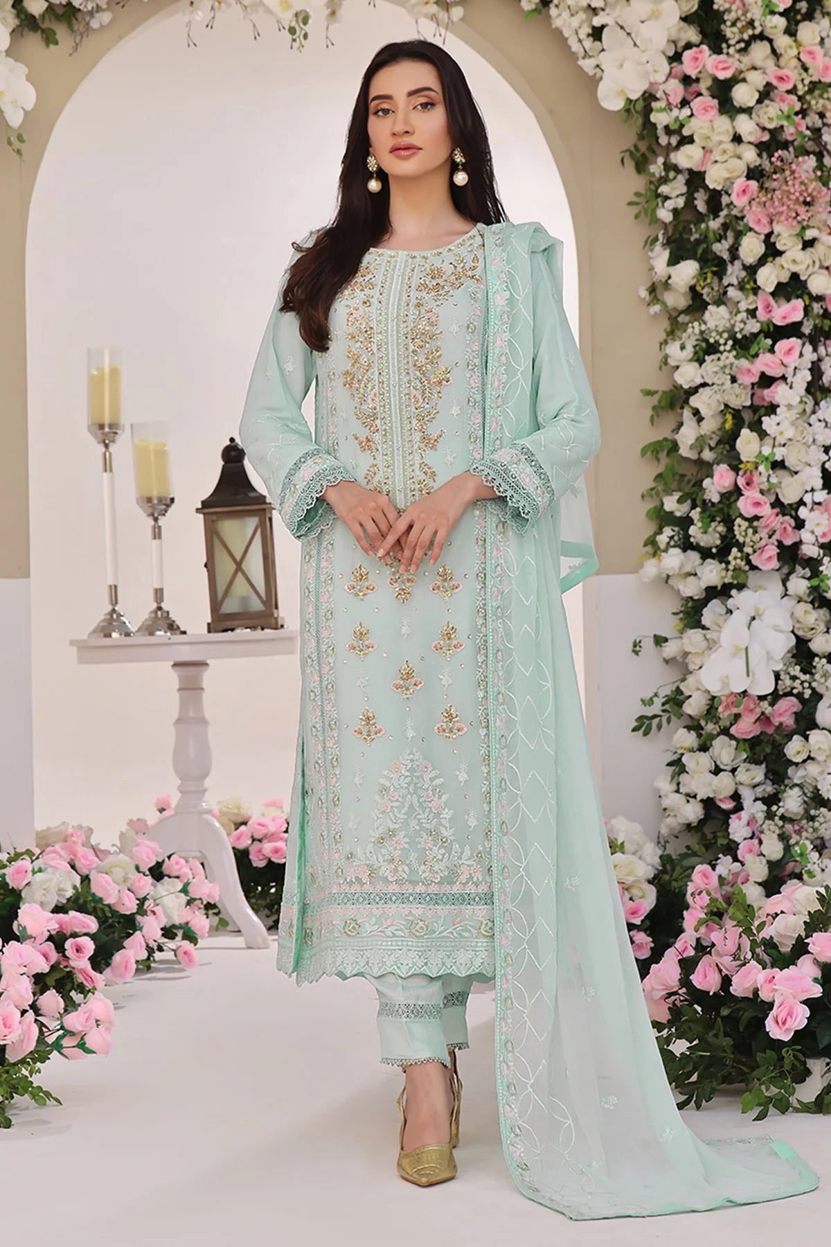Asiyah-E-Bahar Mint Embroidery Laced Suit