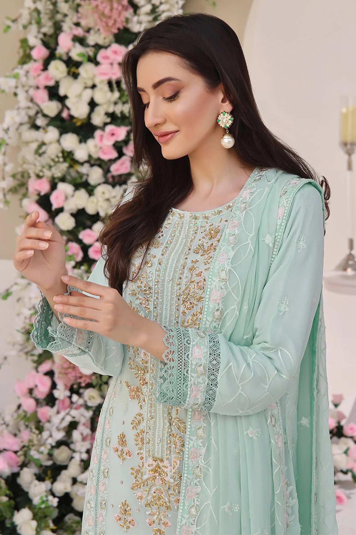 Asiyah-E-Bahar Mint Embroidery Laced Suit