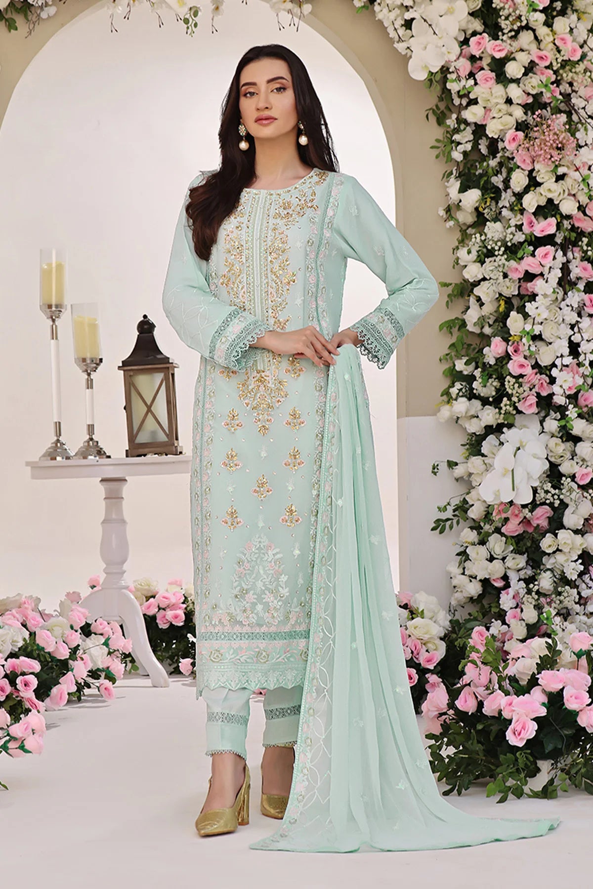 Asiyah-E-Bahar Mint Embroidery Laced Suit