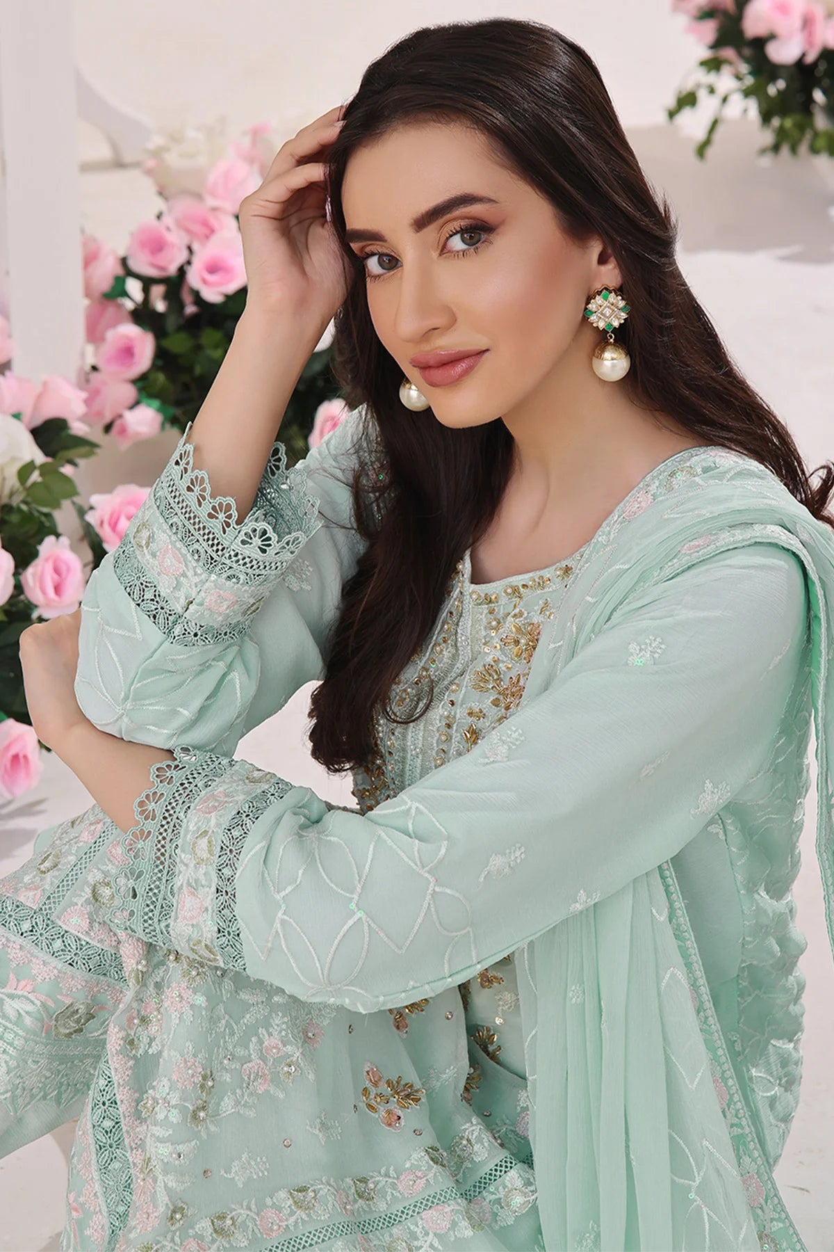 Asiyah-E-Bahar Mint Embroidery Laced Suit