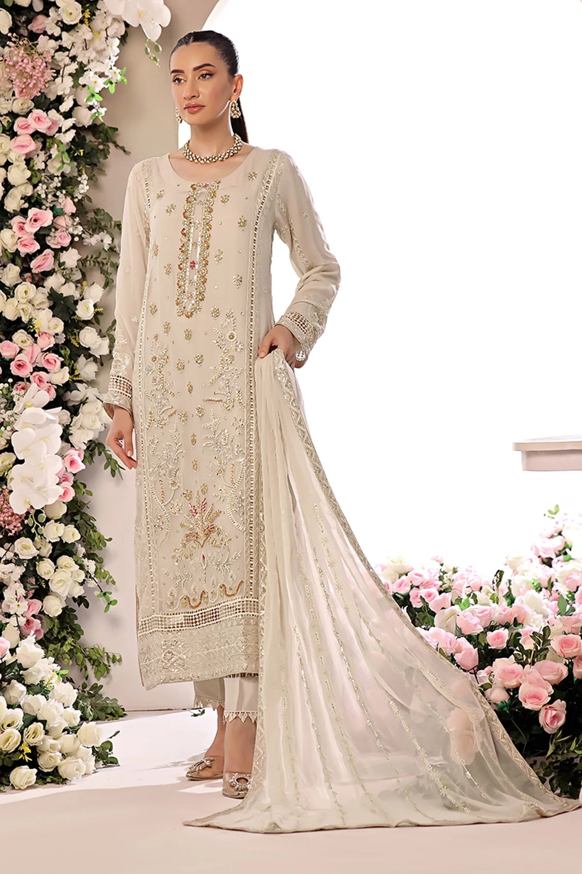 Asiyah-E-Bahar Light Gold Embroidery Laced Suit