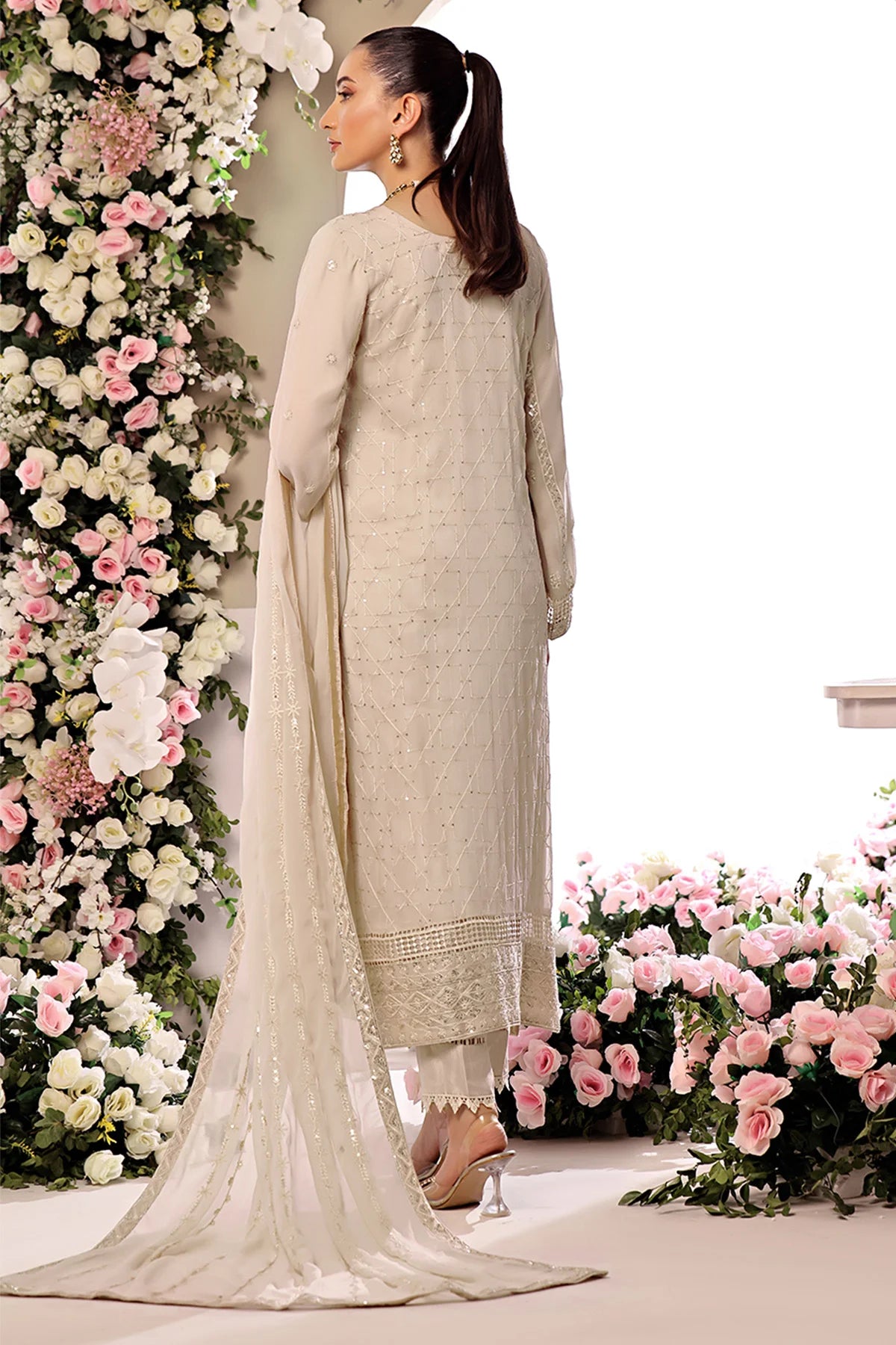 Asiyah-E-Bahar Light Gold Embroidery Laced Suit