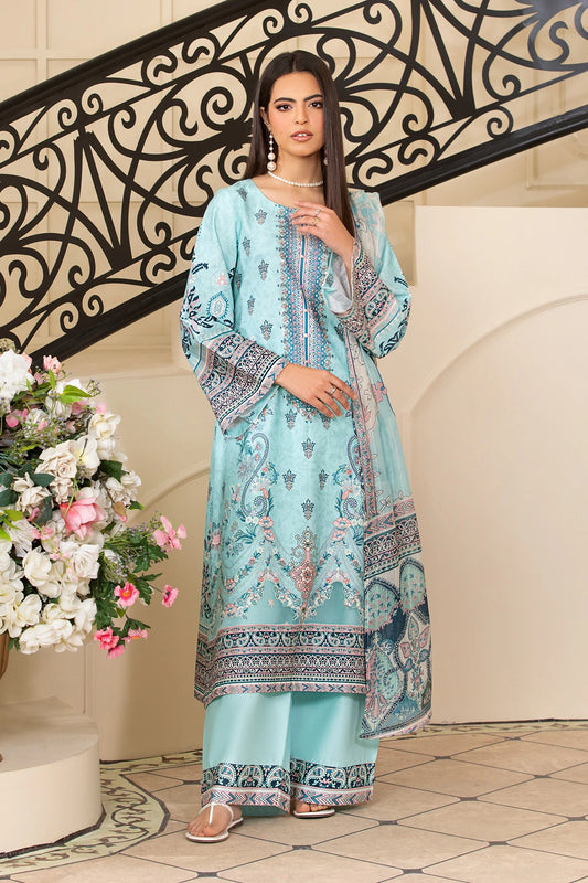 Aqua Blue Mehek Print Embroidered Palazzo Kameez Suit