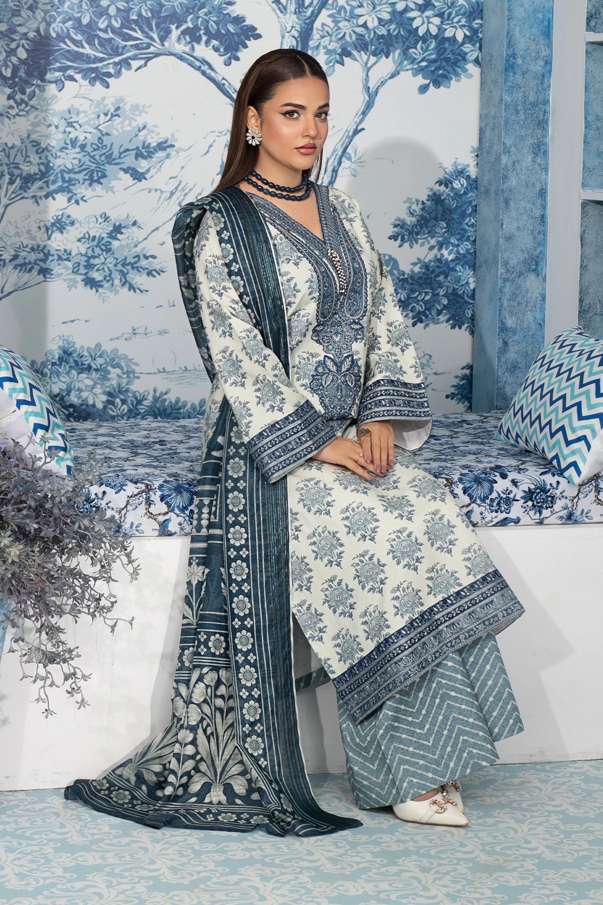 Misty Grey Mehek Embroidery Palazzo Suit