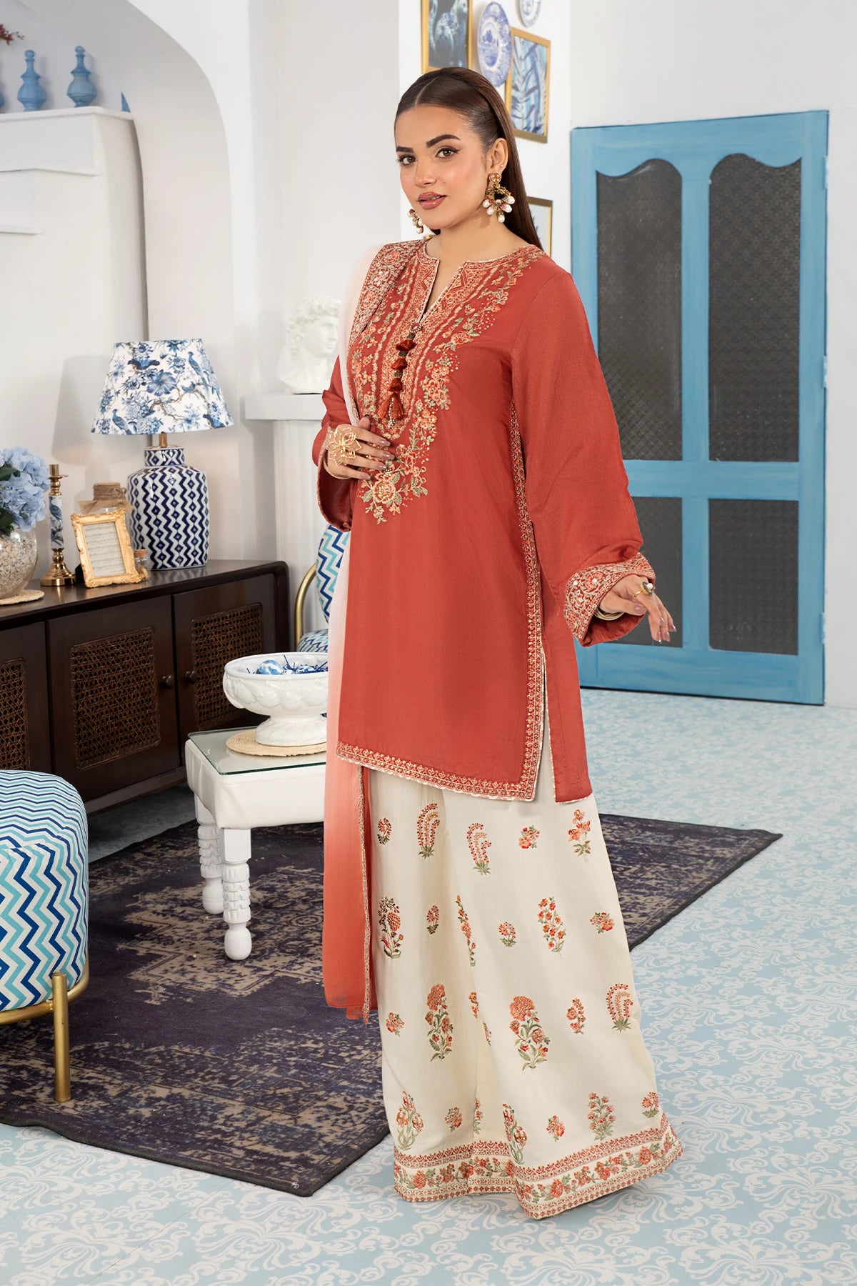 Burnt Orange Mehek Short Kameez Trouser Suit