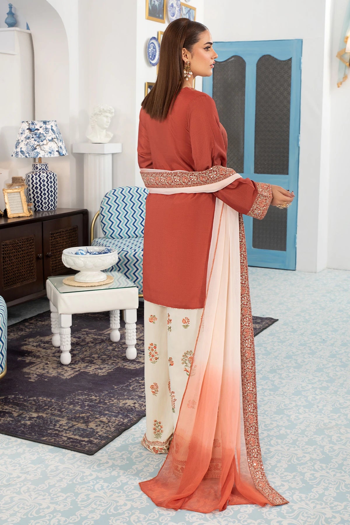 Burnt Orange Mehek Short Kameez Trouser Suit