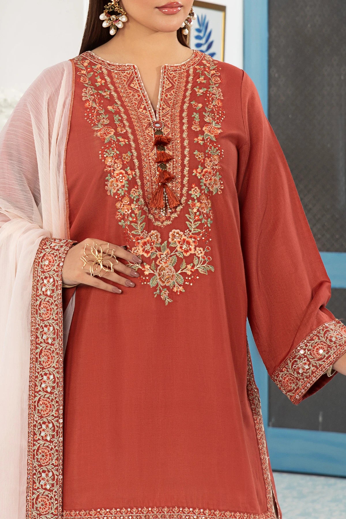 Burnt Orange Mehek Short Kameez Trouser Suit
