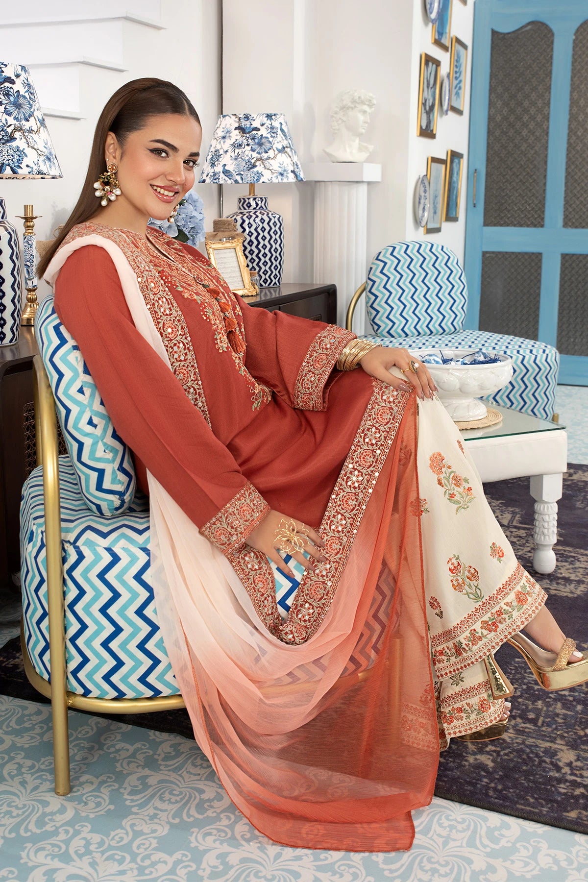 Burnt Orange Mehek Short Kameez Trouser Suit