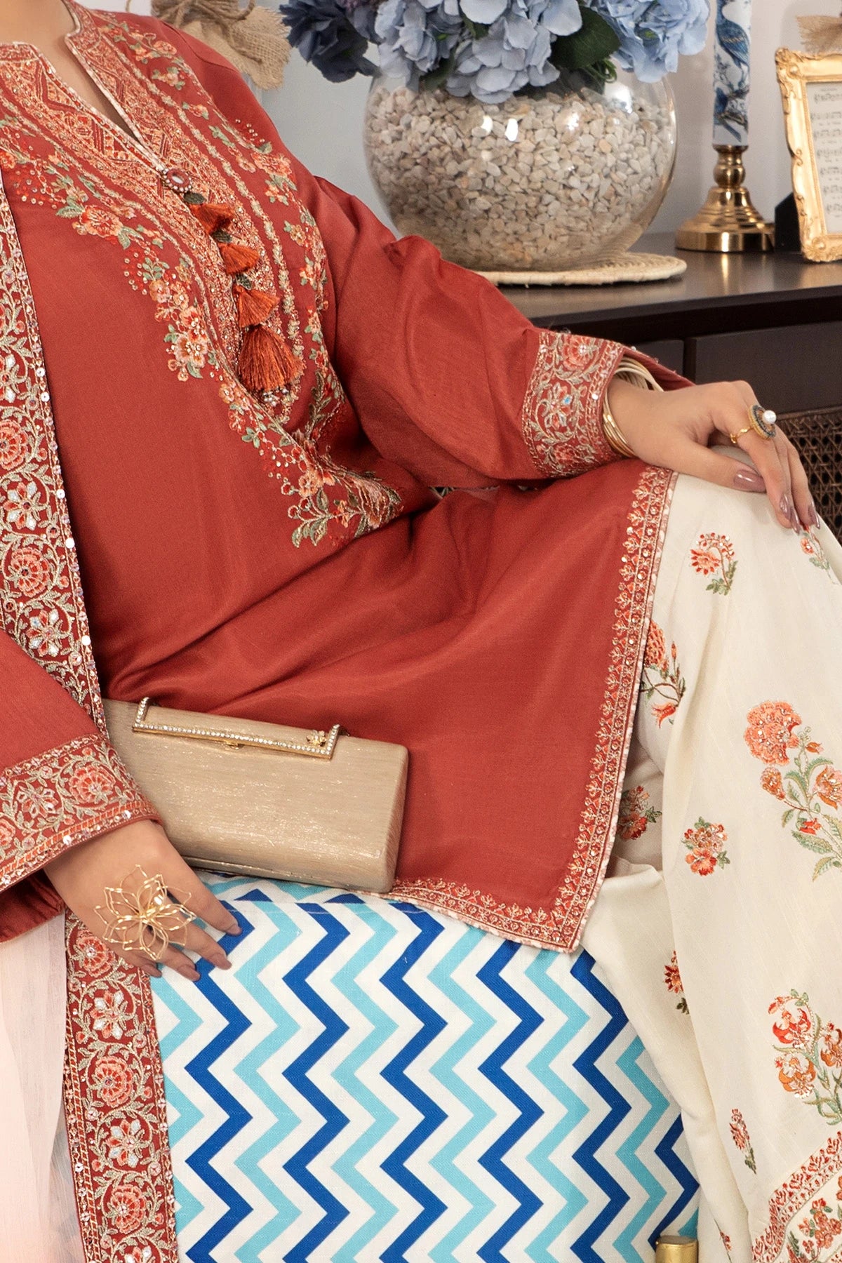 Burnt Orange Mehek Short Kameez Trouser Suit