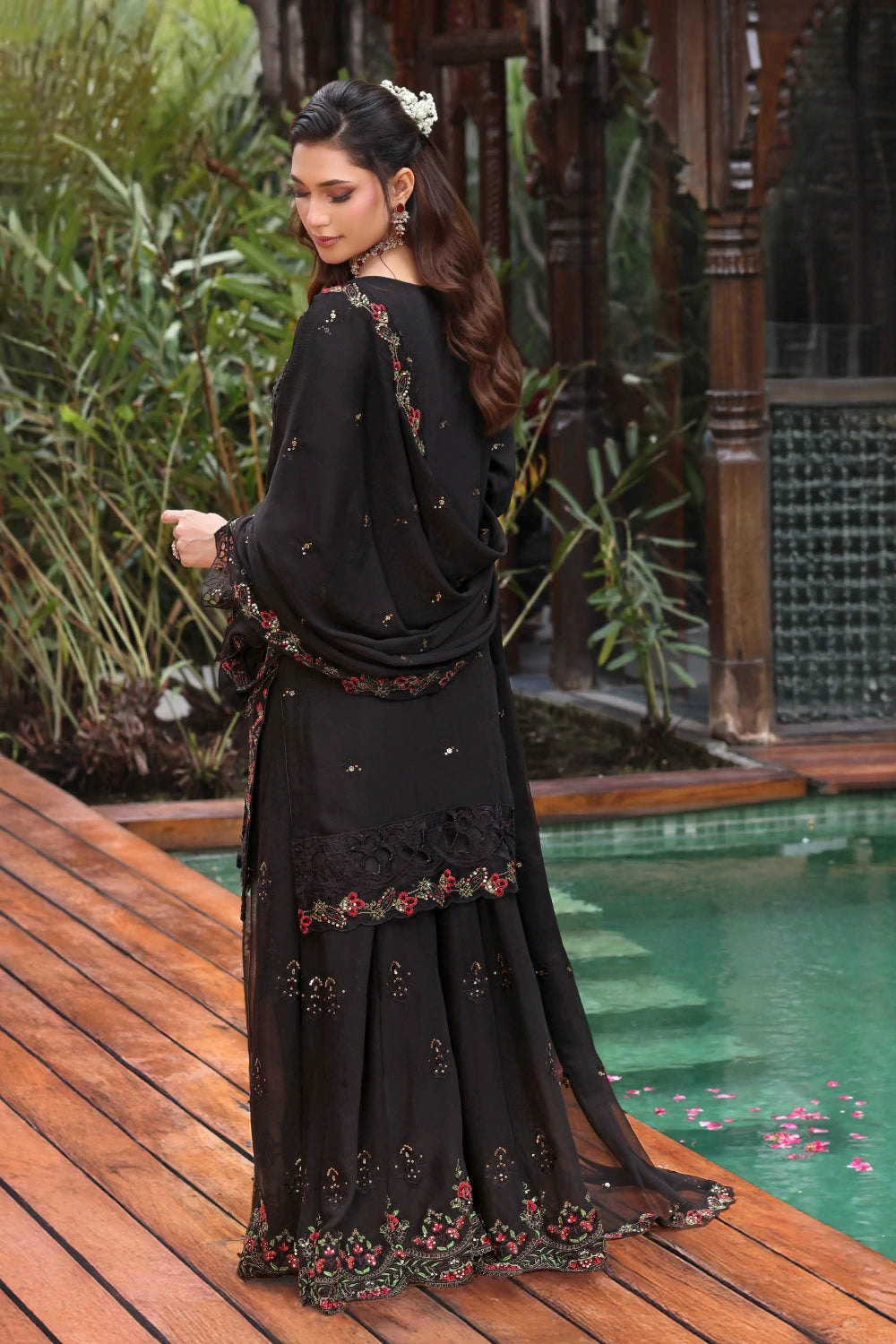 Black Embroidered Sharara Suit | Drape Edit '26 | Pakistani Party Wear – London