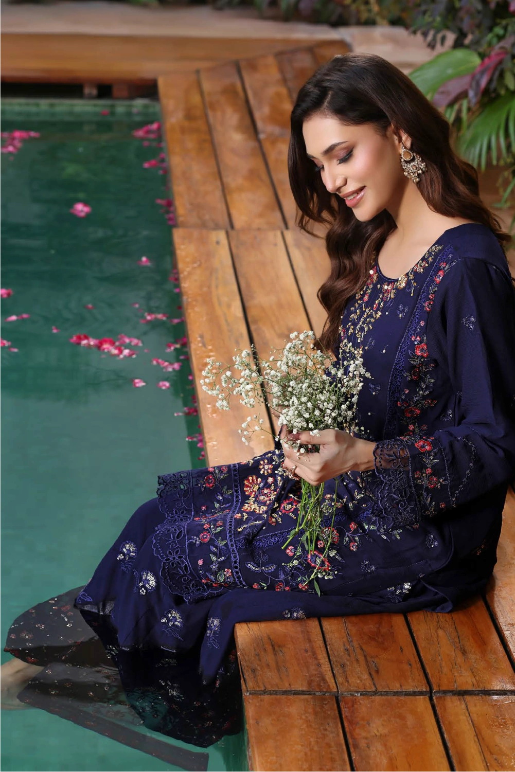 Navy Blue Embroidered Sharara Suit | Drape Edit '26 | Pakistani Party Wear – London