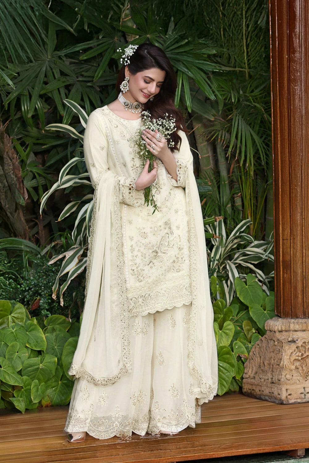 Ivory Cream Embroidered Sharara Suit | Drape Edit '26 | Pakistani Party Wear – London