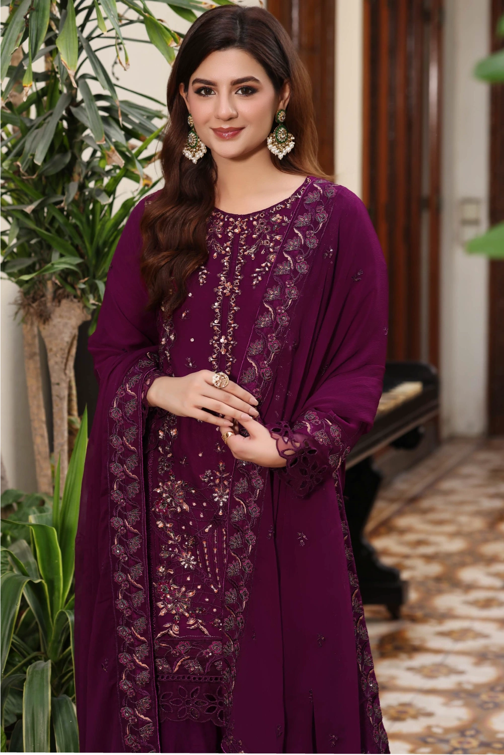 Wine Purple Embroidered Sharara Suit | Drape Edit '26 | Pakistani Party Wear – London