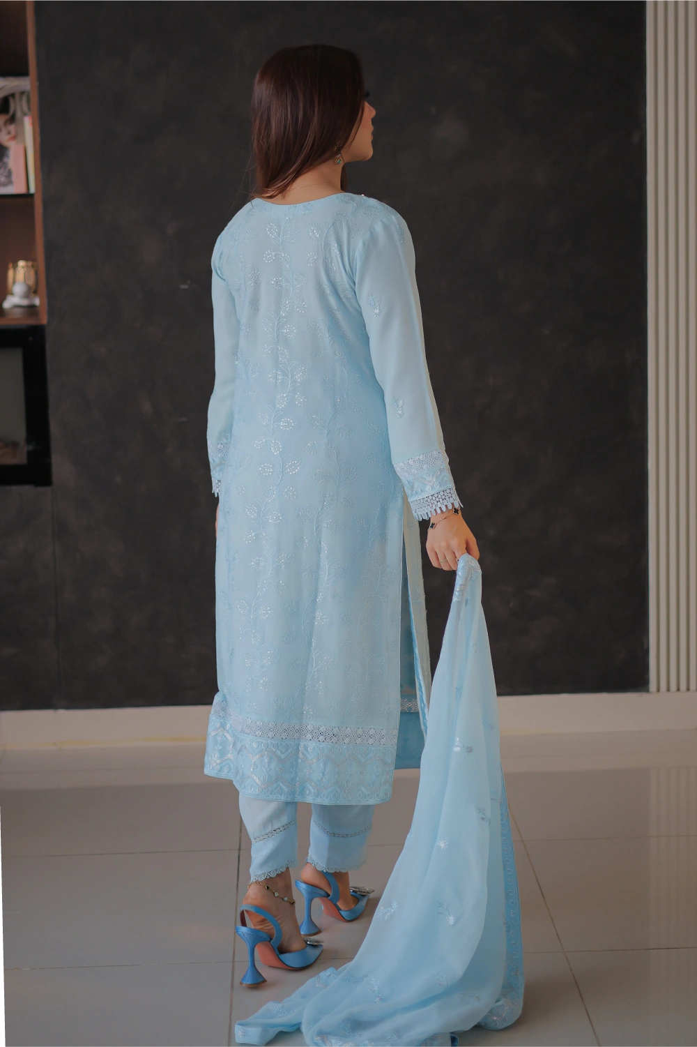 Powder Blue Embroidered Straight Suit | Mirha Edit '26 | Pakistani Formal Wear – London