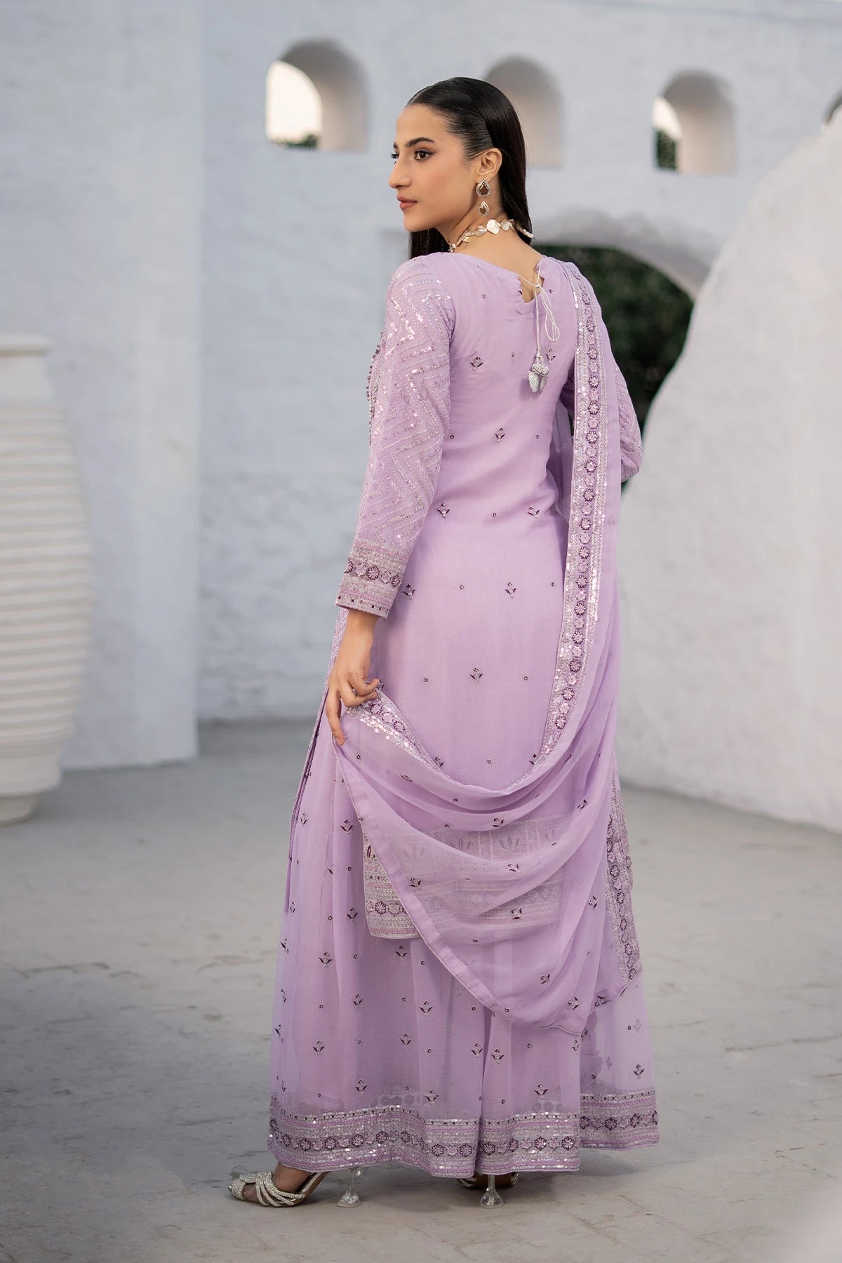Festive Lilac Safa Sharara with Silver Embellishments-Design 5