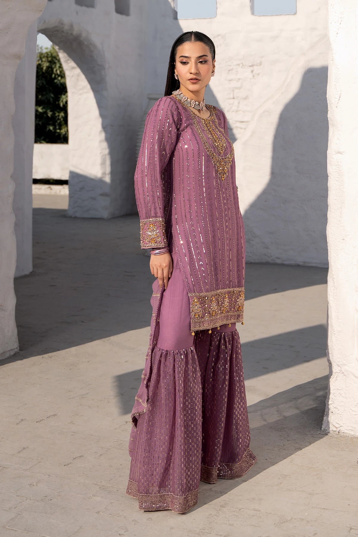 Dusty Pink Safa Threadwork And Sequin Sharara Suit -Design 3