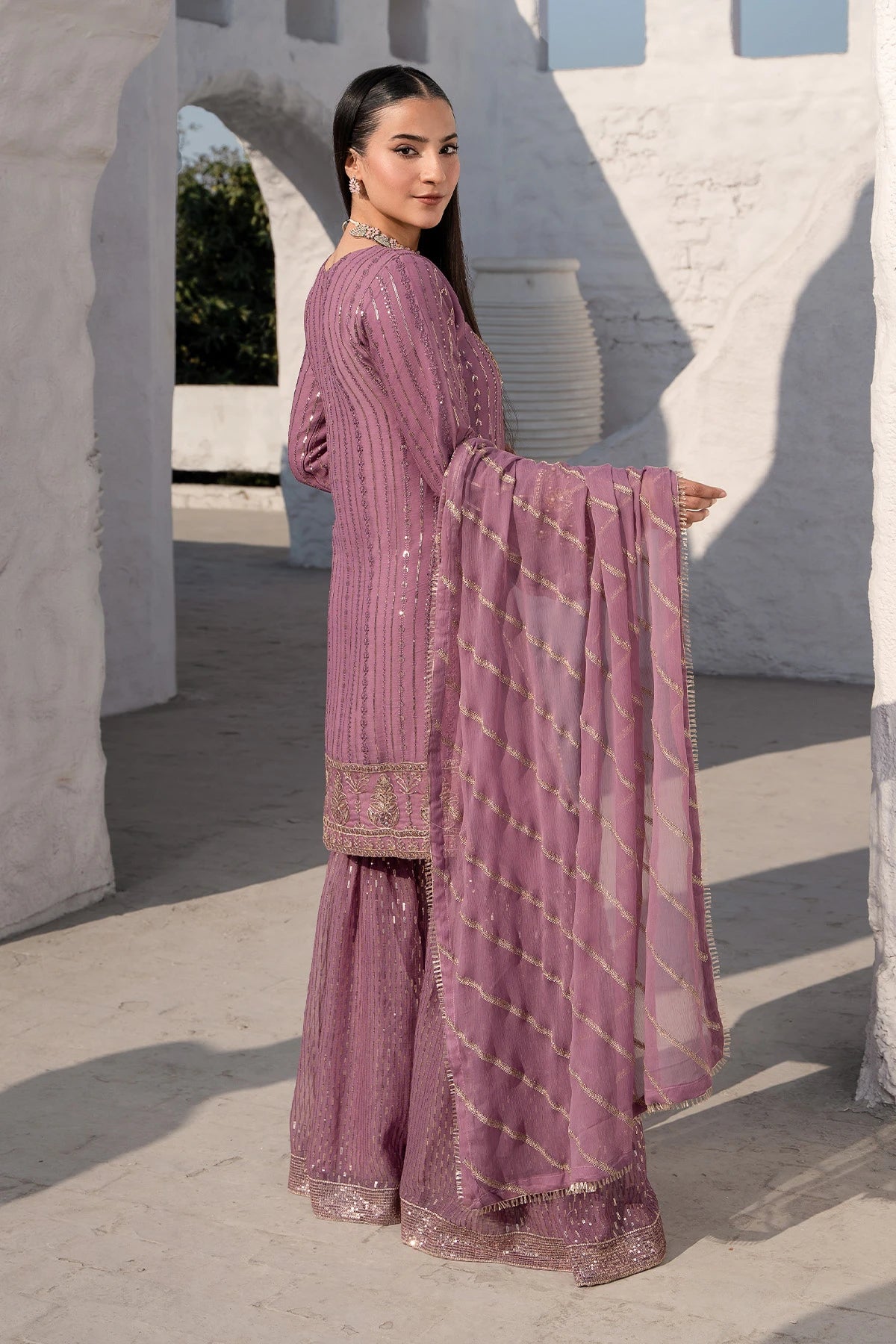 Dusty Pink Safa Threadwork And Sequin Sharara Suit -Design 3