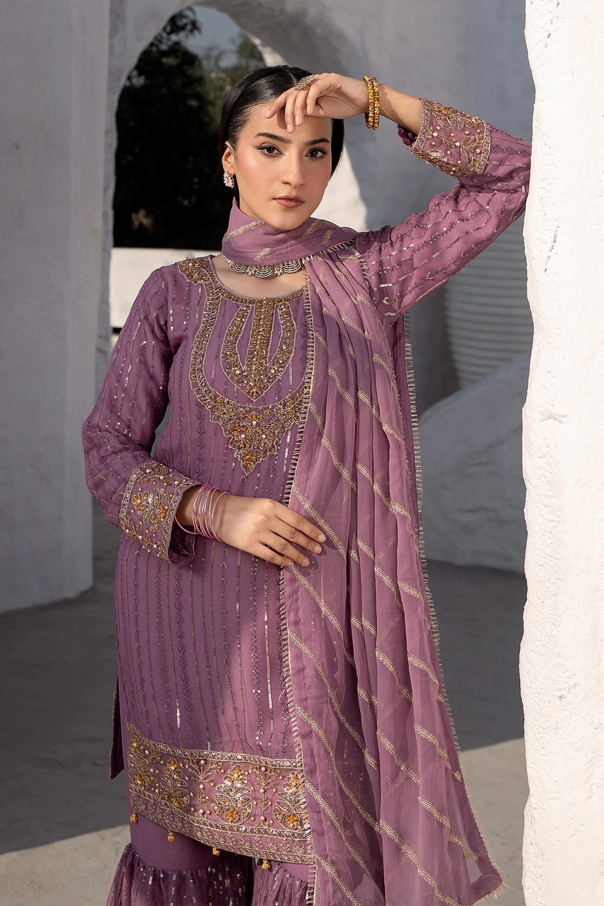 Dusty Pink Safa Threadwork And Sequin Sharara Suit -Design 3
