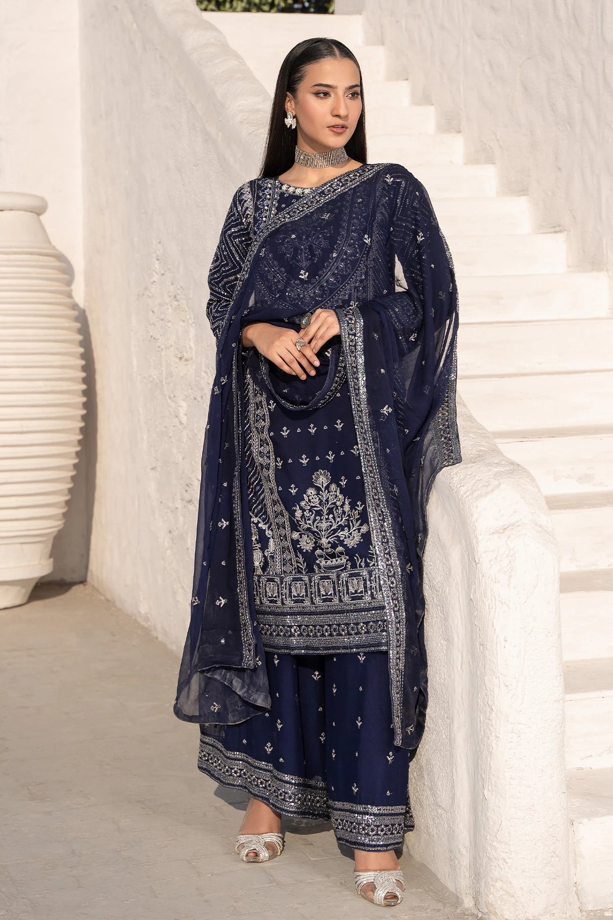 Regal Navy Blue Safa Embroidered Sharara Suit -Design 2