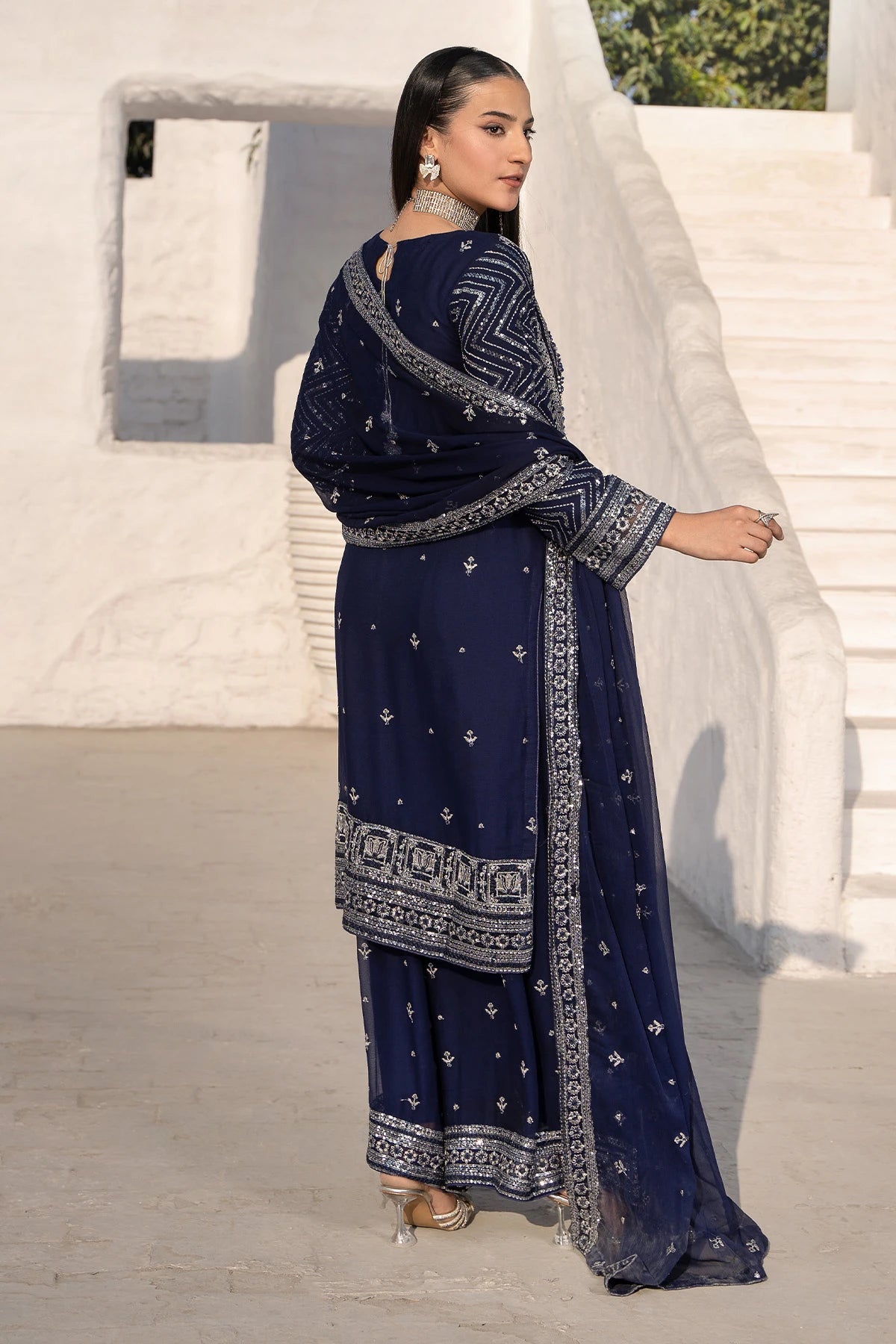 Regal Navy Blue Safa Embroidered Sharara Suit -Design 2