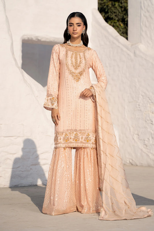 Peach Safa Threadwork And Sequin Sharara Suit -Design 3