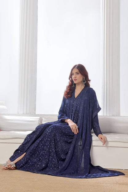Alina Navy Blue Front Cut ChikanKari Anarkali Suit