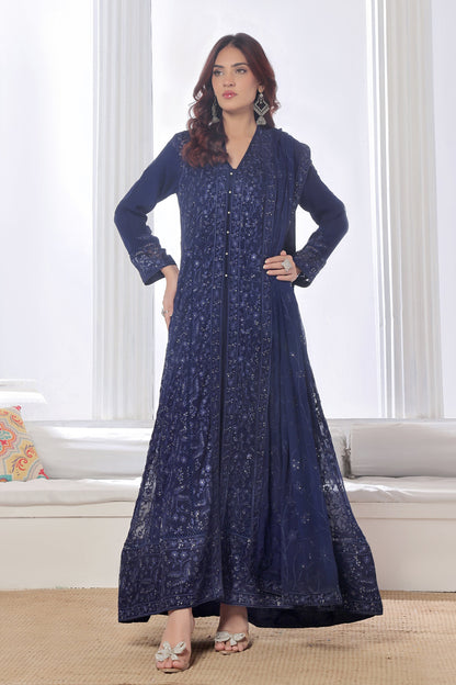 Alina Navy Blue Front Cut ChikanKari Anarkali Suit