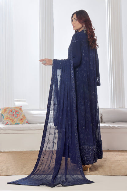 Alina Navy Blue Front Cut ChikanKari Anarkali Suit