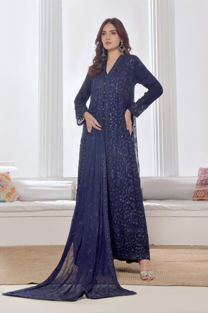 Alina Navy Blue Front Cut ChikanKari Anarkali Suit