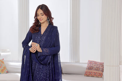 Alina Navy Blue Front Cut ChikanKari Anarkali Suit