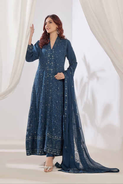 Alina Teal Front Cut Floral Chikankari Anarkali Suit