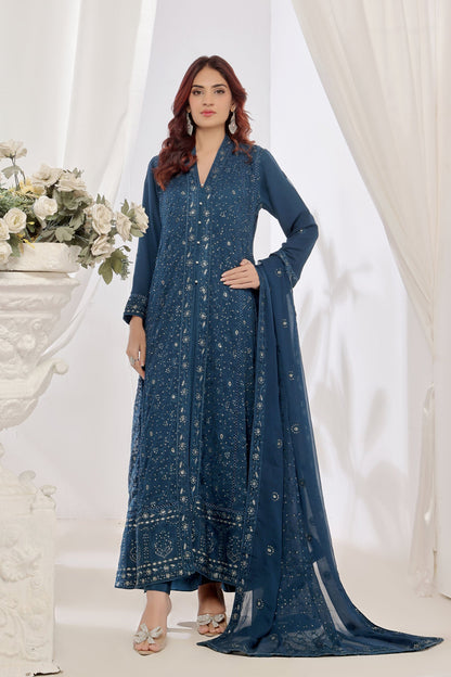 Alina Teal Front Cut Floral Chikankari Anarkali Suit
